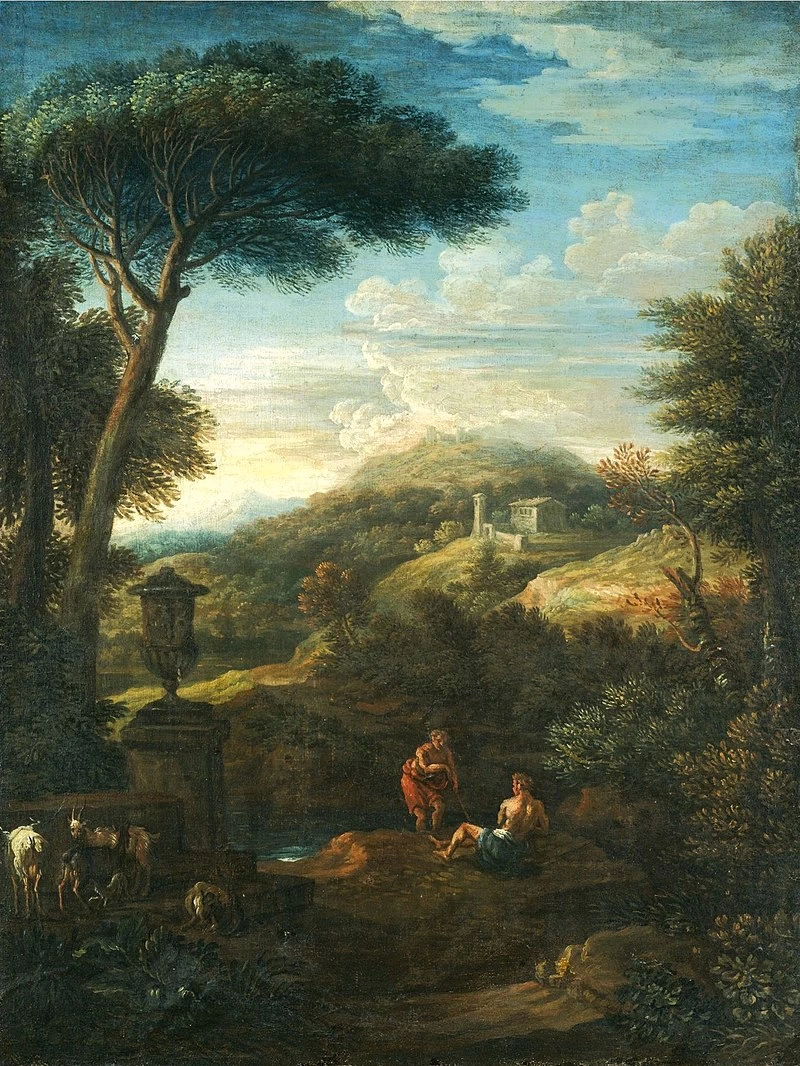 Un paesaggio all'italiana con pastori che riposano con il loro gregge vicino a un ruscello